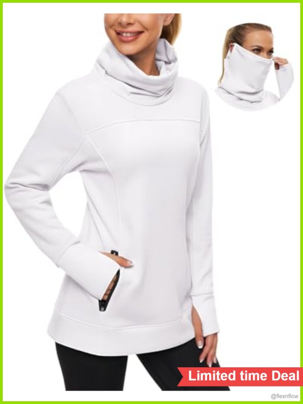 Women's Fleece Cowl Neck Pullover Sweatshirt with Thumb Holes & Face Mask